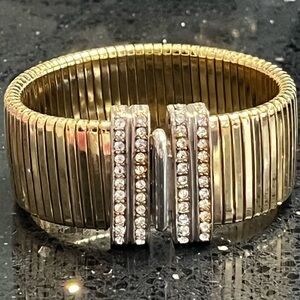 Joan Rivers HUGE vintage crystal silver gold wide statement omega bracelet QVC